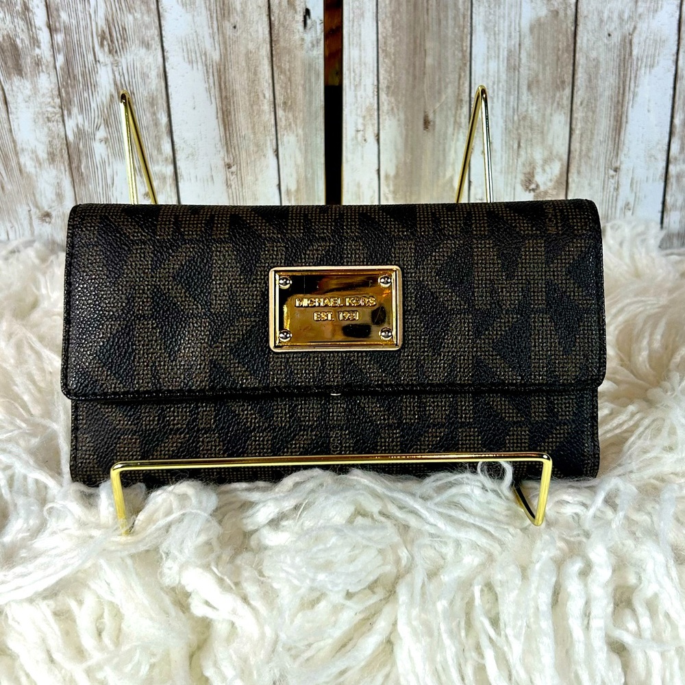 Michael Kors Coated Canvas Monogram Print Trifold Envelope Card Wallet Brown